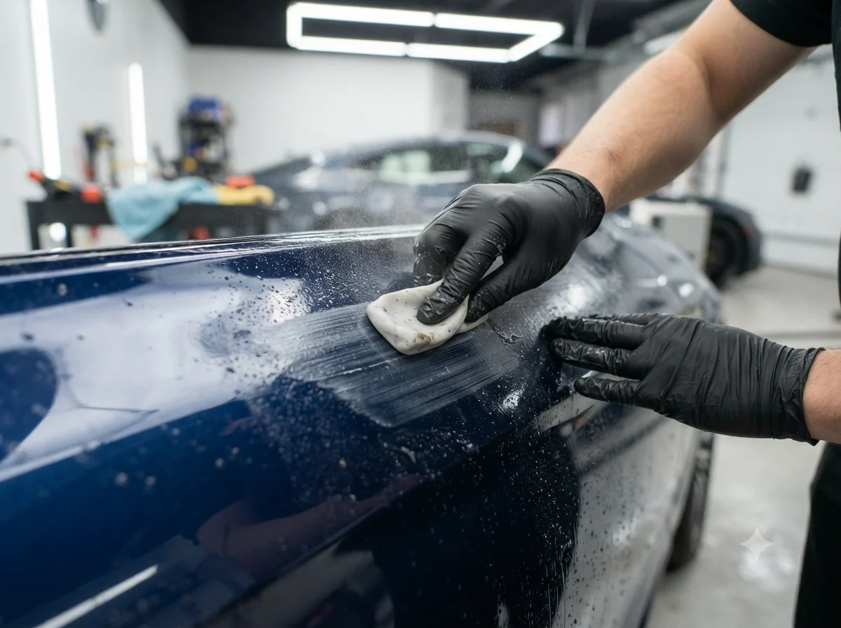 Technician performing full vehicle detailing on a car in Dhaka
